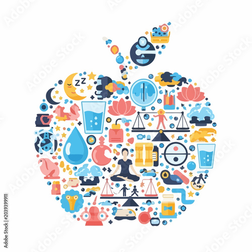 Quadro em tela Healthy Lifestyle Apple Icon Collage: Wellness, Balance, Nature