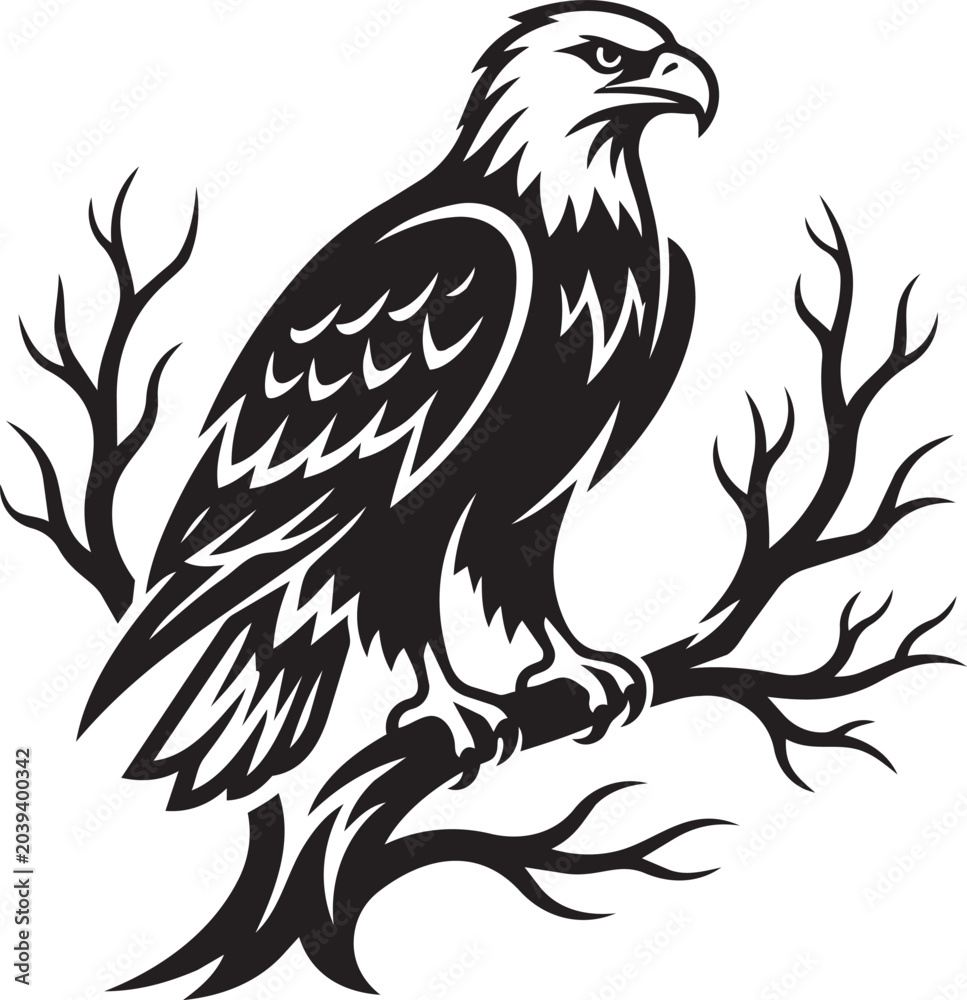 Fototapeta premium Bald Eagle Vector Artwork - Majestic Tribal Style Bird Perched on Tree Branches