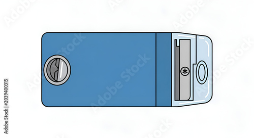 Blue mechanical pencil sharpener with metal blade isolated on white background top view