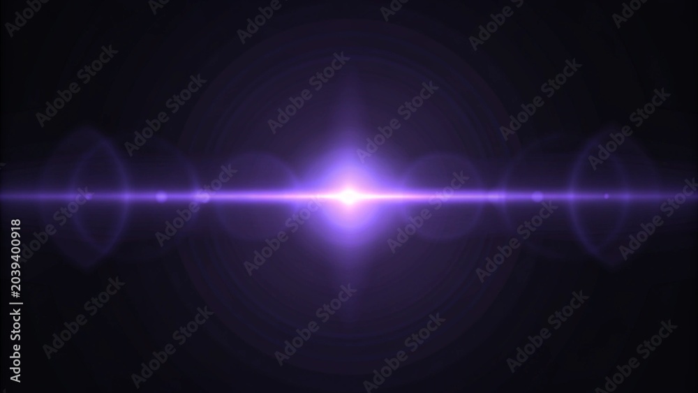 Fototapeta premium Neon purple lens flare with glowing energy core, luminous violet light burst, soft bloom illumination, circular halo effect and futuristic sci fi atmosphere on black background