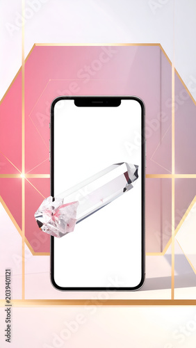 Clear crystal prism with pink inclusions on a modern smartphone screen geometric pink background