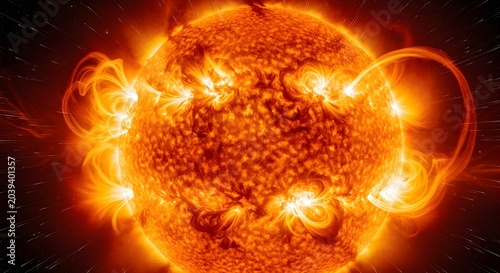 Sun flares erupting from surface with plasma loops shooting in space as energy burst