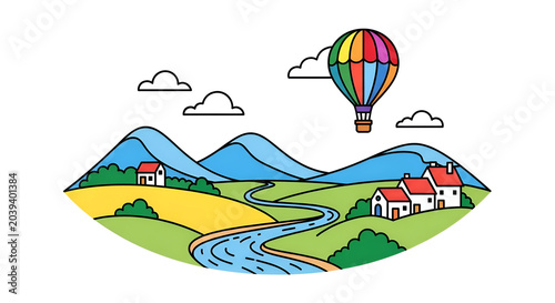 Colorful hot air balloon floating over scenic green hills and river with houses in a stylized illustration