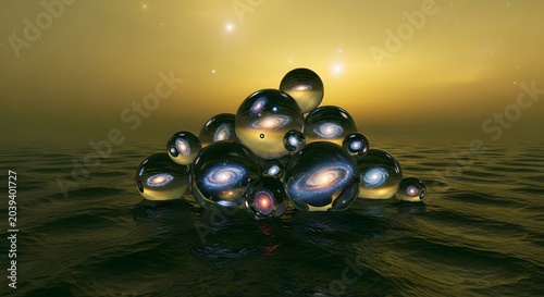 Universe inside bubbles placed on water under yellow sky with bright stars background