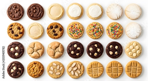 Variety of different gourmet cookies arranged neatly in rows multiple delicious baked goods snacks sweets