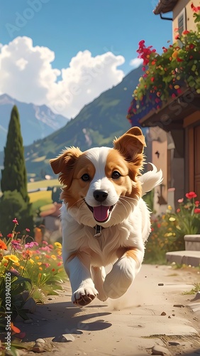 Happy dog runs on path