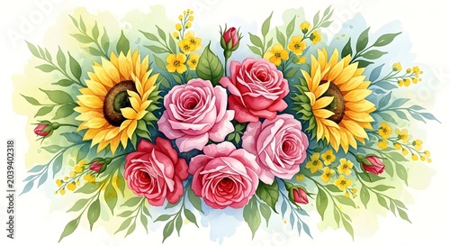Watercolor composition of sunflowers and roses arrangement in vibrant colors for greeting card