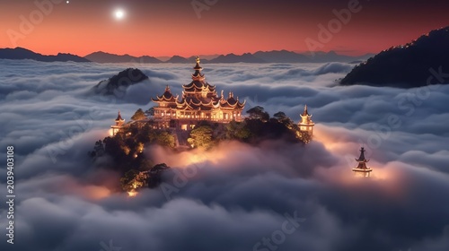 A mystical mountain peak floating above sea of clouds.