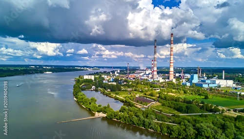 Industrial landscape with river and smokestacks.