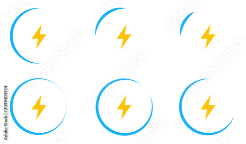 Collection of yellow lightning bolt icons with blue circular elements on transparent background