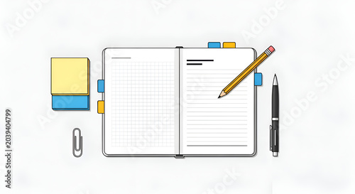 Open notebook with grid paper lined pages pencil pen and sticky notes on white background