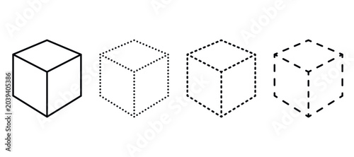 Various cube shapes and line styles for geometric illustrations isolated on transparent background