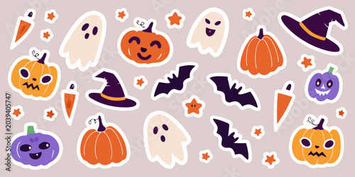 cute halloween stickers with pumpkins ghosts bats and witch hats