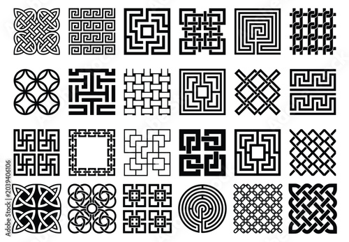 Greek Key Maze and Celtic Knot Pattern Vector Set with Labyrinth Ornaments for Seamless Decorative Borders Ethnic Backgrounds and Tileable Design