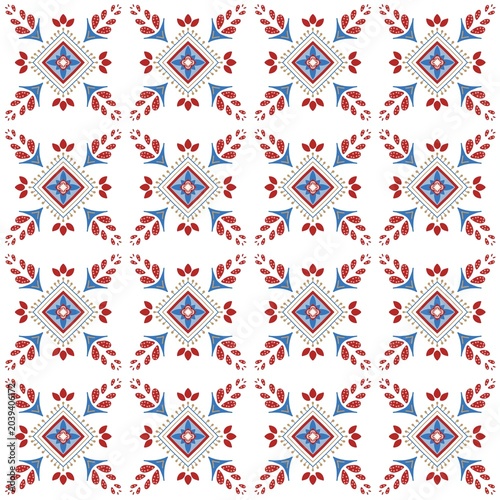 Seamless Folk Art Geometric Floral Pattern in Red and Blue