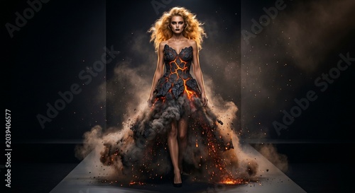 Fantasy female character in gown made of fire and smoke
