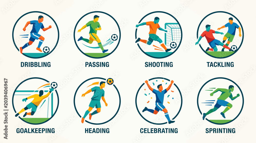Fototapeta premium World Cup Soccer Player Skills Icons Set - Football Athlete Action & Motion Vector