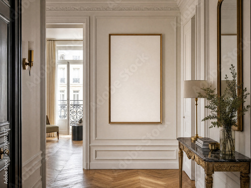 Vertical frame mockup for wall art display in elegant Paris apartment hallway with molded wall, herringbone floor and soft natural light and copy space
