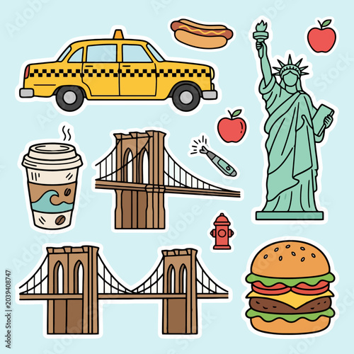 A collection of colorful hand drawn urban city life stickers