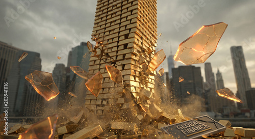 Shattered Gold Financial Structure Collapsing Downward — Glass Bars Fragmenting, Economic Crisis 8K