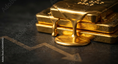 Melting Gold Bars Dripping Downward Like Liquid Metal — Price Drop Symbol, Macro Photography 8K