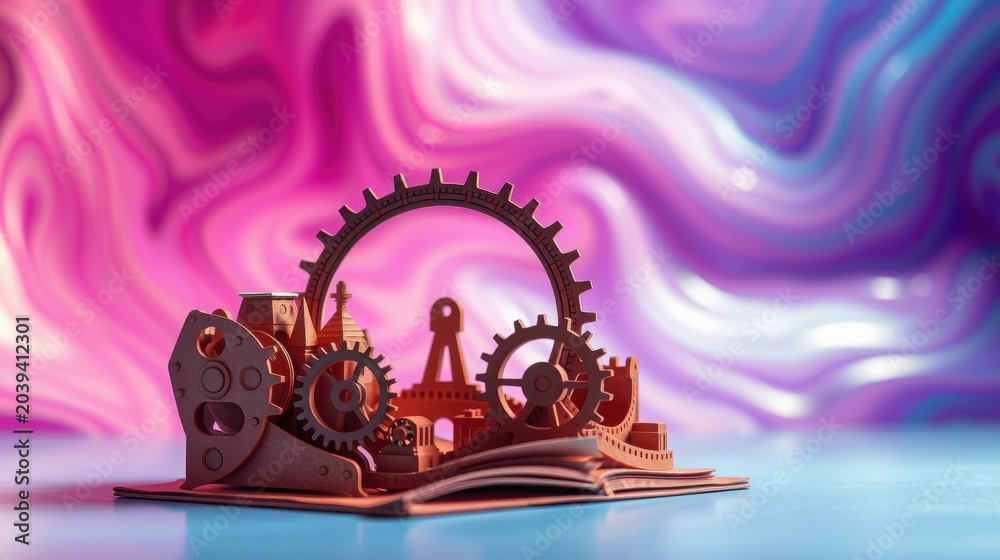 Fototapeta premium Intricate papercraft London skyline. Gears, buildings, iconic landmarks rise from open book. Vibrant fluid background adds depth.