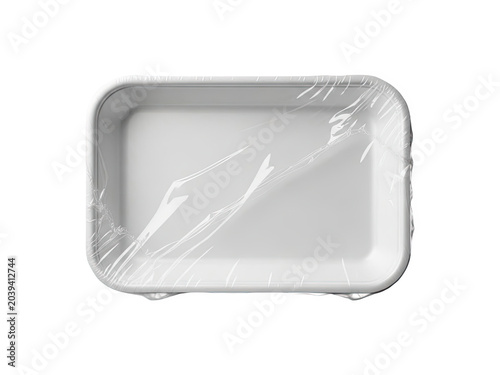 Empty white food tray wrapped in clear plastic film, for packaging perishable goods