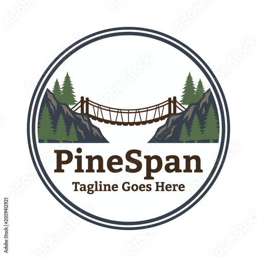 Foto Rustic circular emblem featuring a rope bridge crossing a canyon, perfect for hiking groups, national parks, camping, or travel agencies