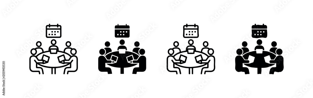 Fototapeta premium Business meeting and planning icon set with people around a table, laptops, and calendar. Corporate event and teamwork concept.
