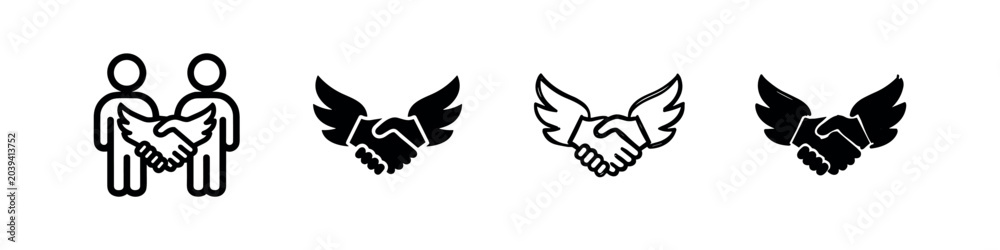 Obraz premium Handshake with wings and partnership icons representing peace and business deals in four styles.