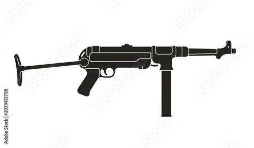 Εκτύπωση καμβά Historical submachine gun black silhouette vector illustration isolated on white
