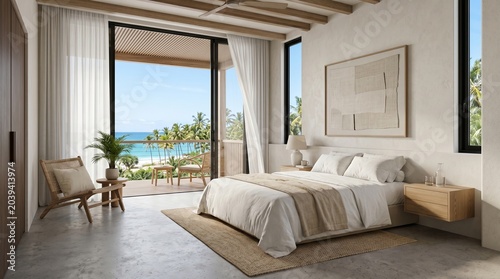 Luxurious bedroom with ocean view and minimalist design elements.