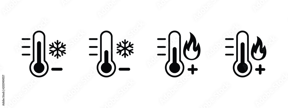 Εκτύπωση καμβά Hot and cold temperature thermometer icon set, high and low heat symbols, freeze flame chill and frost signs for thermal monitoring, weather and temperature control concept