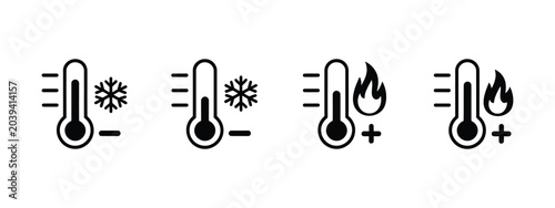Bild auf Leinwand Hot and cold temperature thermometer icon set, high and low heat symbols, freeze flame chill and frost signs for thermal monitoring, weather and temperature control concept