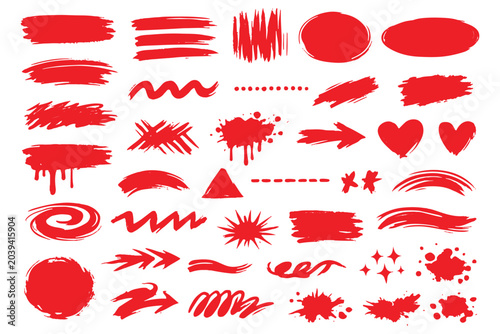 Vector black paint brush spots, highlighter lines or felt-tip pen marker horizontal blobs. Marker pen or brushstrokes and dashes. Ink smudge abstract shape stains and smear set with texture.