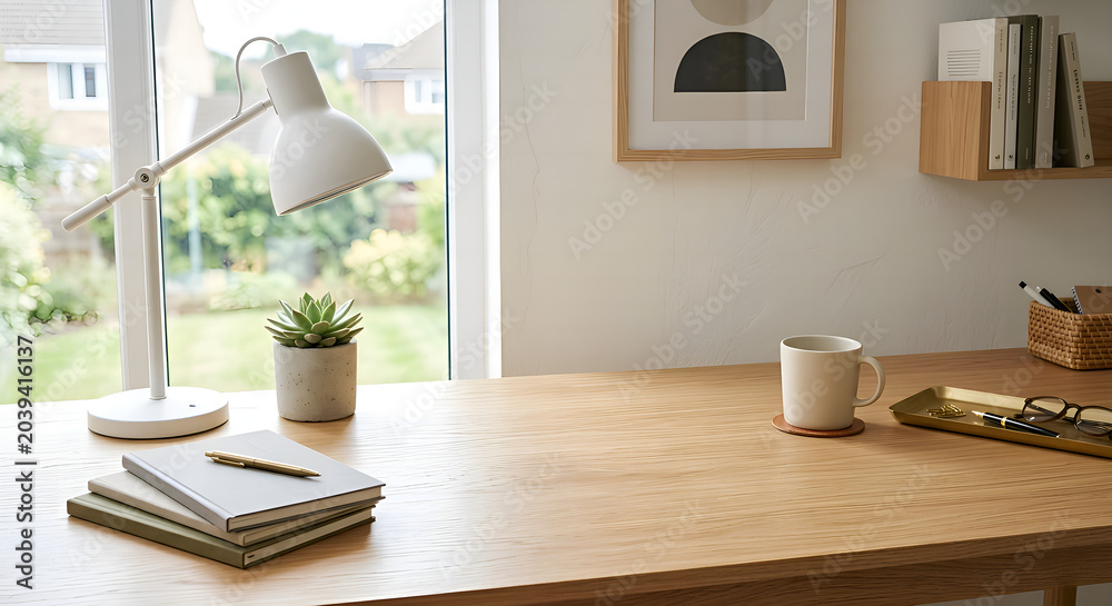 Fototapeta premium Minimalist Home Office Workspace Mockup with Empty Wooden Desk and Copy Space