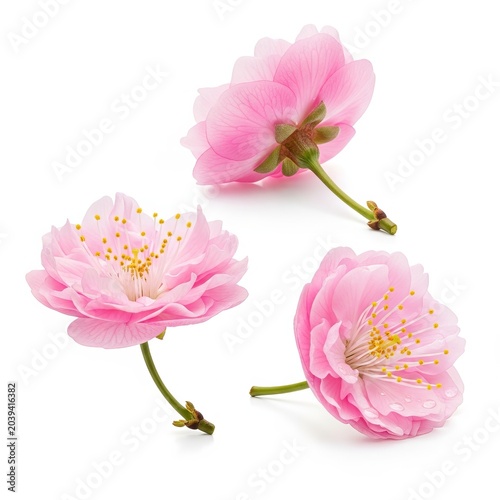 Three delicate pink cherry blossoms on a white background, showcasing their beauty and detail.
