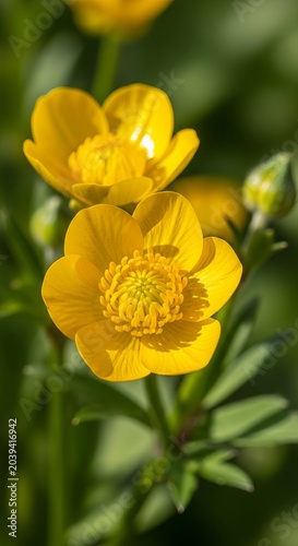 Vibrant Yellow Buttercups Blooming in a Lush Green Meadow.