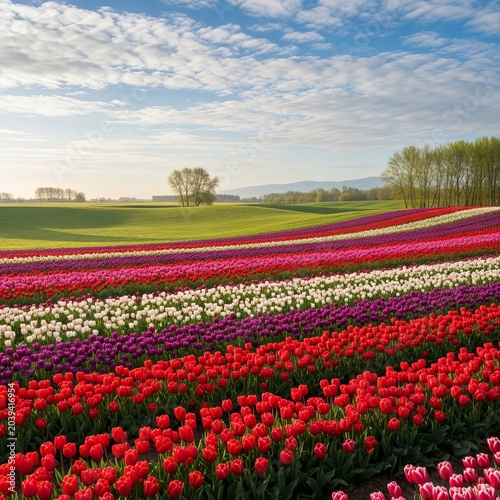 Vibrant Tulip Fields Under a Bright Sky - A Colorful Landscape.