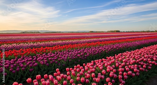 Vibrant Tulip Fields Under a Bright Sky - A Colorful Spring Landscape.