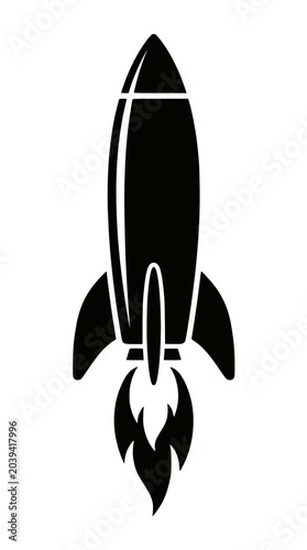 Black rocket ship silhouette launching with flames