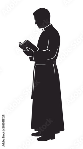 Canvastavla Silhouette of priest reading bible, catholic minister in cassock