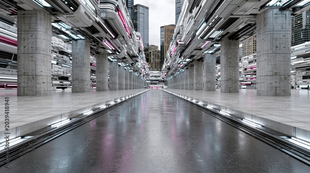 Naklejka premium Futuristic futuristic cityscape tunnel with glowing lights and concrete columns