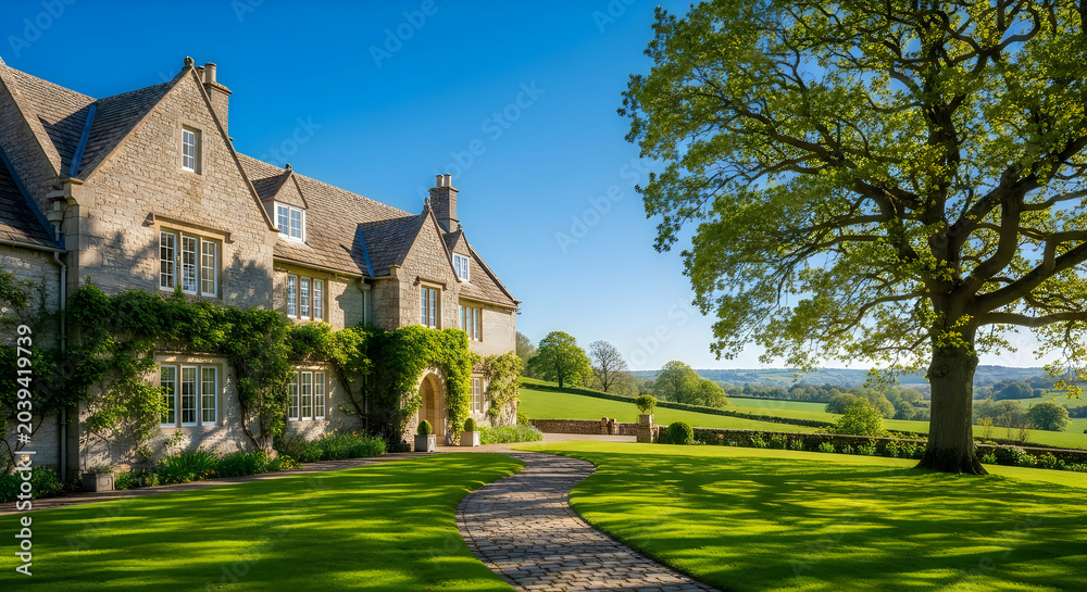 Fototapeta premium Stately english country manor house with lush garden and large tree