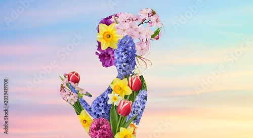 Floral woman silhouette, spring flower profile, blooming girl portrait