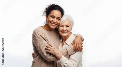 Happy multi-generational women, smiling diverse grandmother and granddaughter embracing