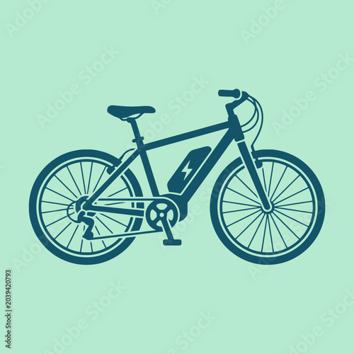 A dark green silhouette of an electric bicycle on light background