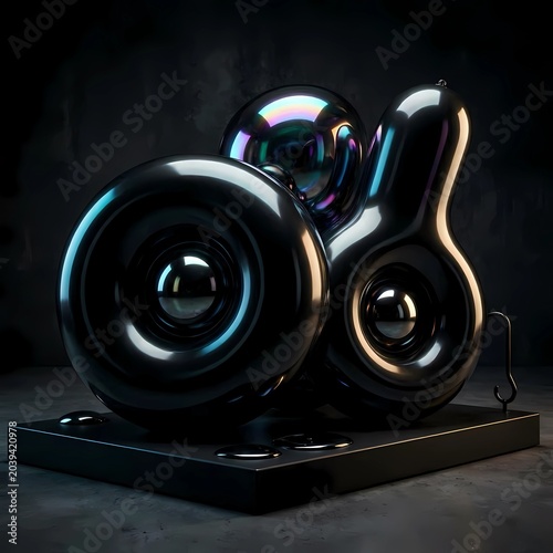 Abstract 3D composition of smooth inflatable heavy black latex vinyl shapes, glossy oil slick iridescent reflections