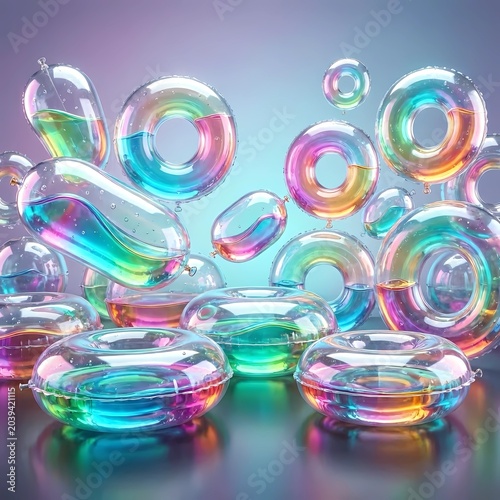 Abstract 3D composition of smooth inflatable transparent PVC shapes, floating air cushions filled