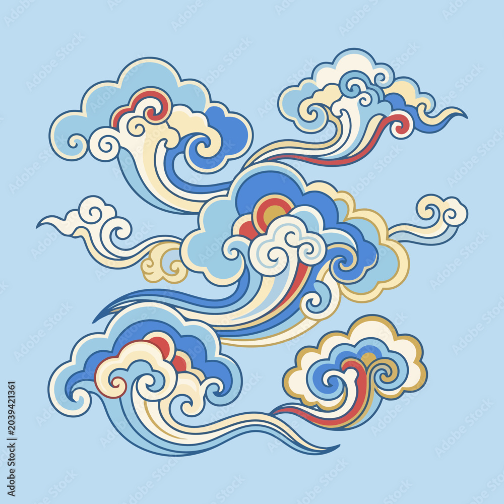 Fototapeta premium A collection of stylized decorative clouds on a light blue background